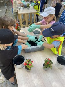 Dzieci sadzą kwiatki do doniczek
